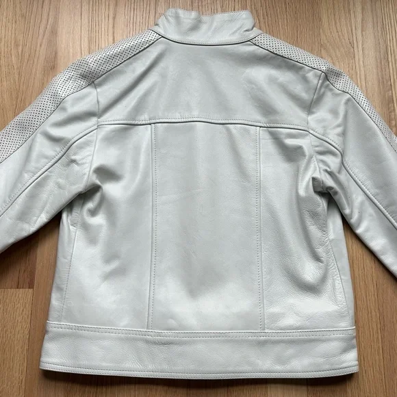 Peroni Italy White Leather Full Zip LOGO perforated Sleeve Jacket - Picture 8 of 9